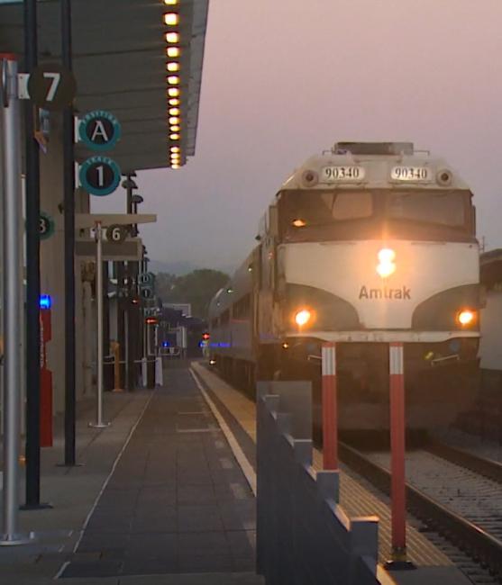 An Amtrak train pulls up to the platform at the Tacoma Dome Station.  